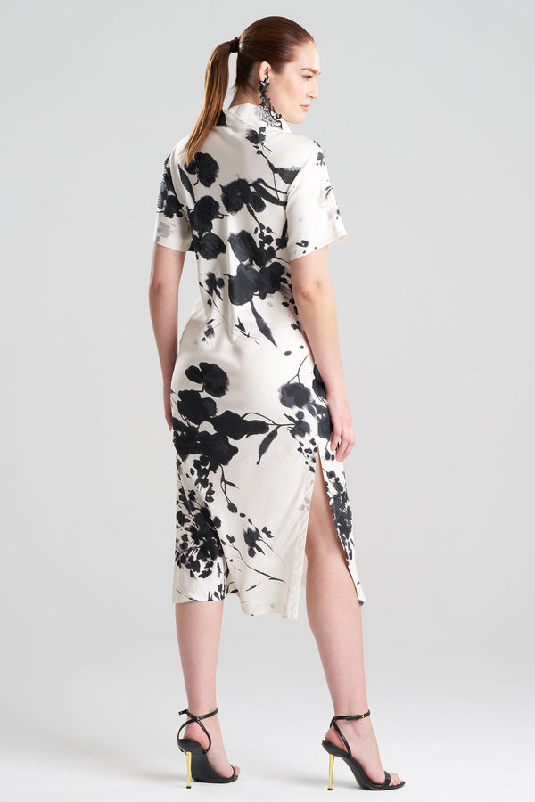 Natori Nara Silk Twill Beaded Column Dress Black/White
