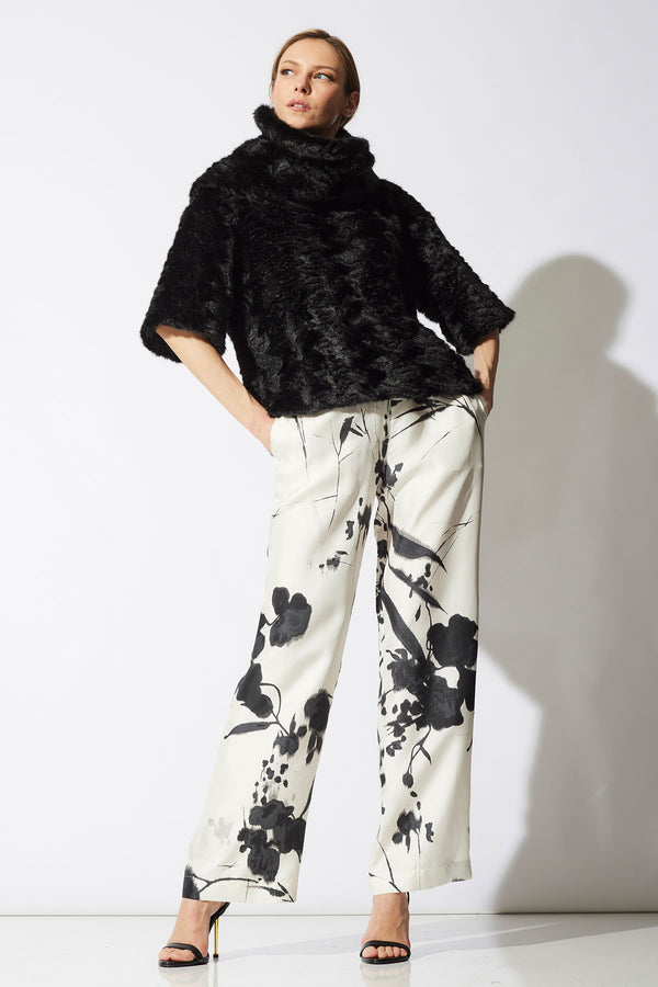 Natori Nara Silk Twill Drawstring Pants Black/White