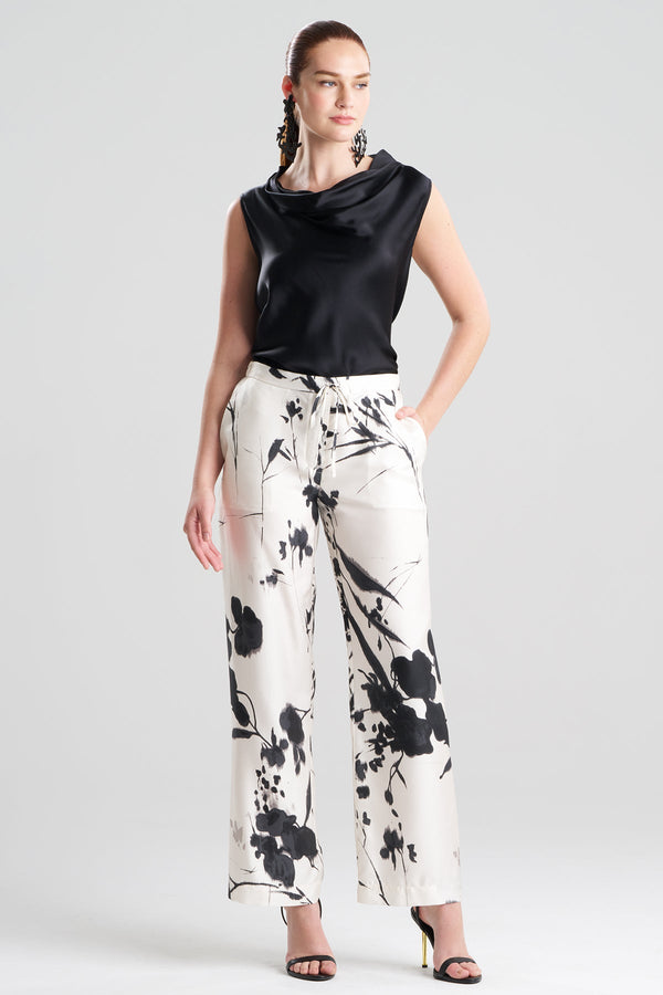 natori Nara Silk Twill Drawstring Pants Black/White