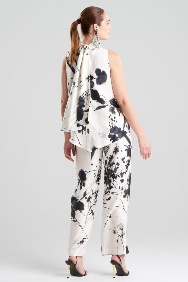 Natori Nara Silk Twill Halter Scarf Top Black/White