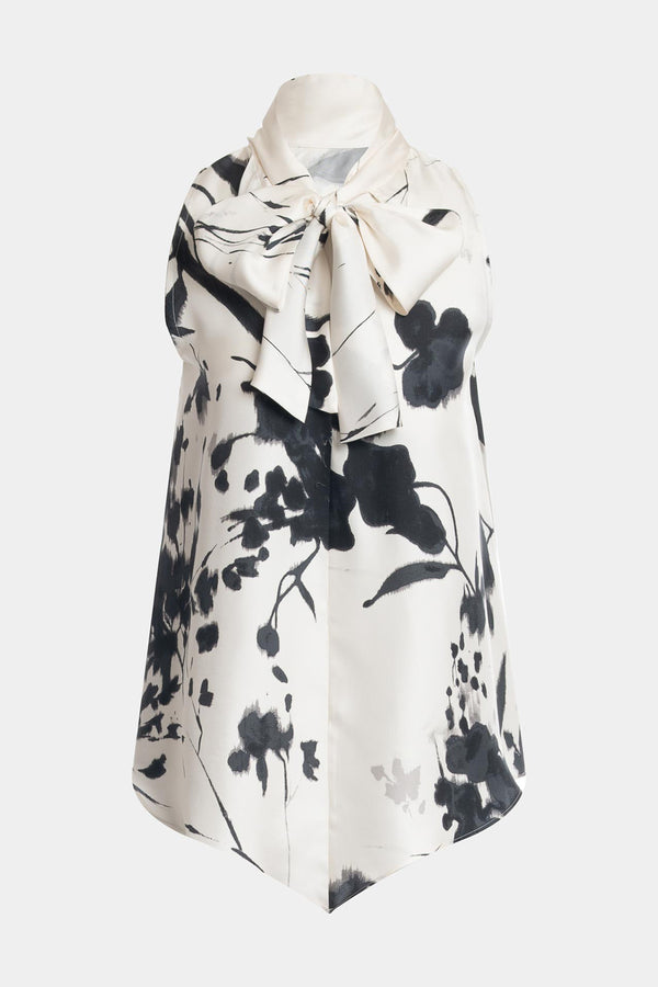 Natori Nara Silk Twill Halter Scarf Top Black/White