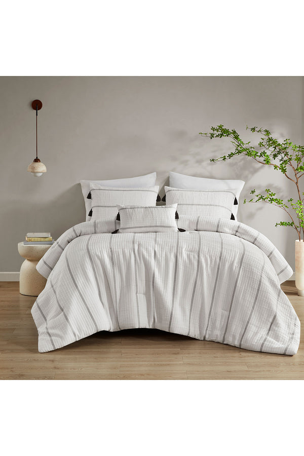natori Naru 4 Piece Jacquard Stripe Comforter Mini Set Ivory/Gray