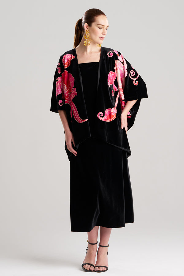 Natori Natalie Velvet Appliqued Cocoon Cardigan Black