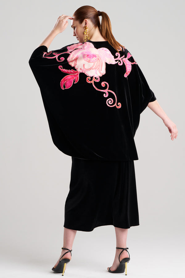 Natori Natalie Velvet Appliqued Cocoon Cardigan Black