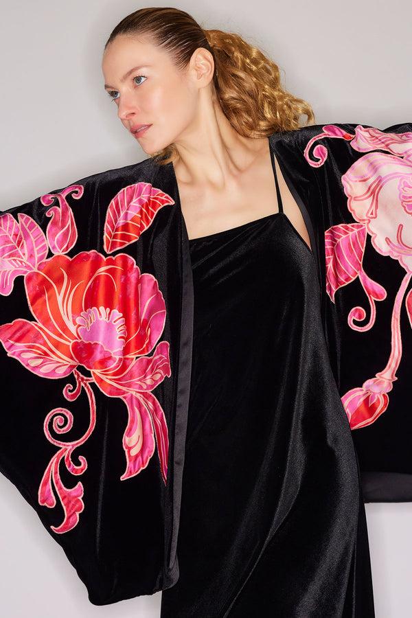 Natori Natalie Velvet Appliqued Cocoon Cardigan Black