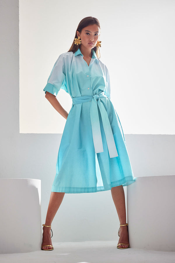 natori Akari Cotton Belted Dress Mizu Blue