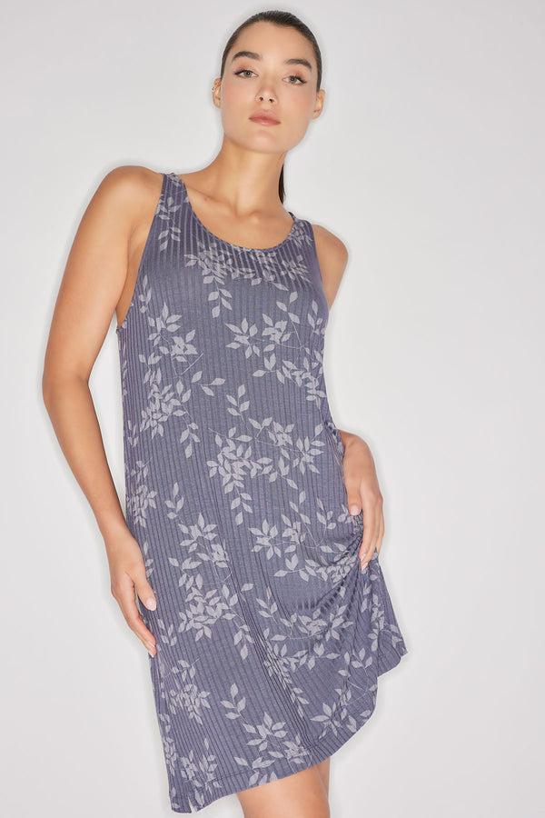 natori Aria Printed Rib Ease Chemise Twilight Blue
