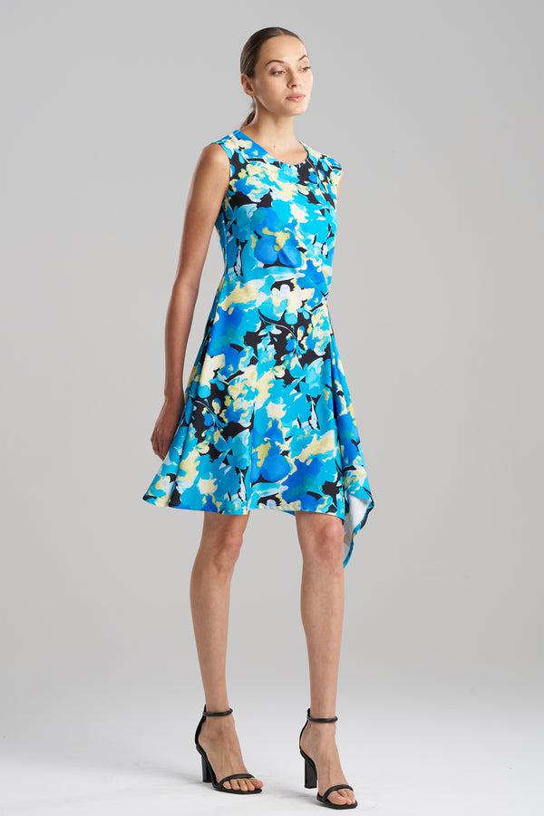 natori Bright Floral Side Drape Dress Blue