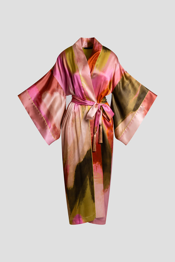 Natori Brushstroke Drop Sleeve Silk Robe Multi
