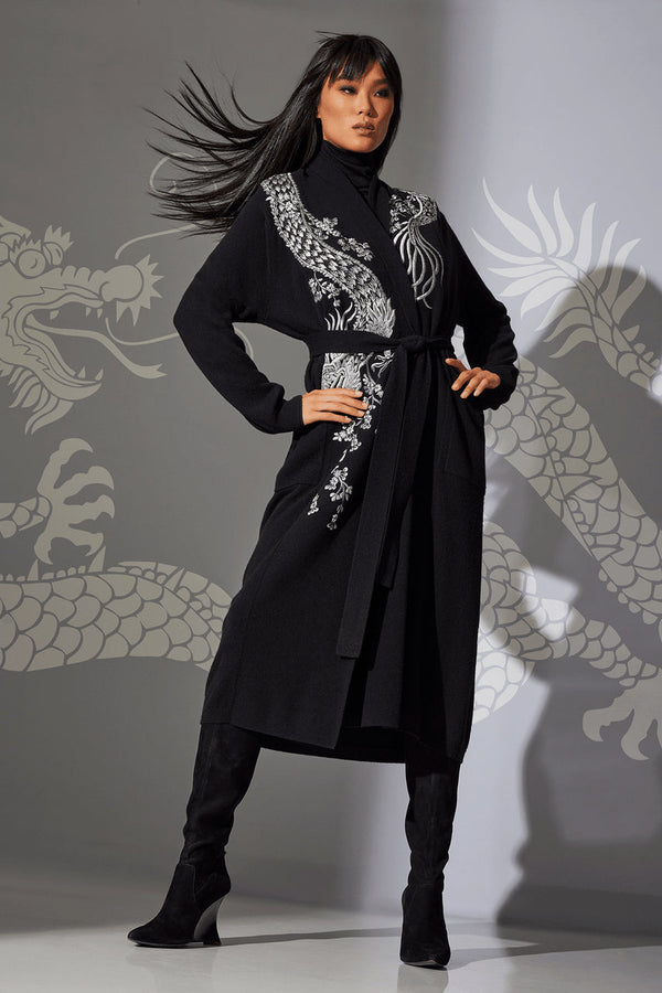 natori Cashmere Embroidered Dragon Robe Black