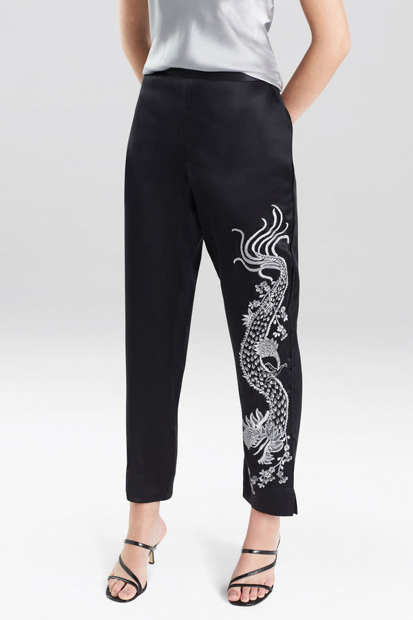 Natori Chinoiserie Embroidery Silk Pants Black