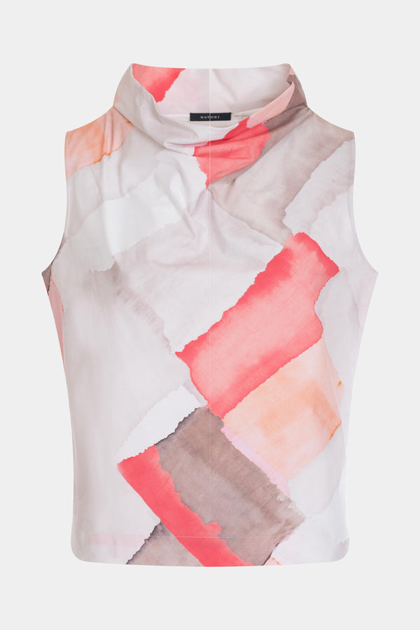 Natori Chiyo Cotton Funnel Neck Top Coral Combo