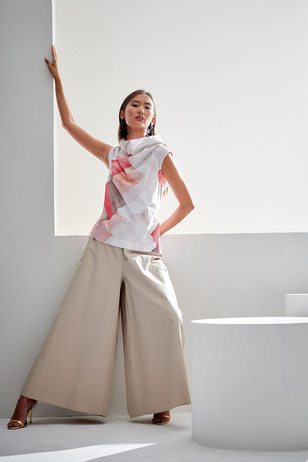 natori Chiyo Cotton Funnel Neck Top Coral Combo