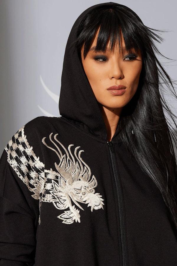 Natori Cocoon Dragon Embroidered Hoodie Black