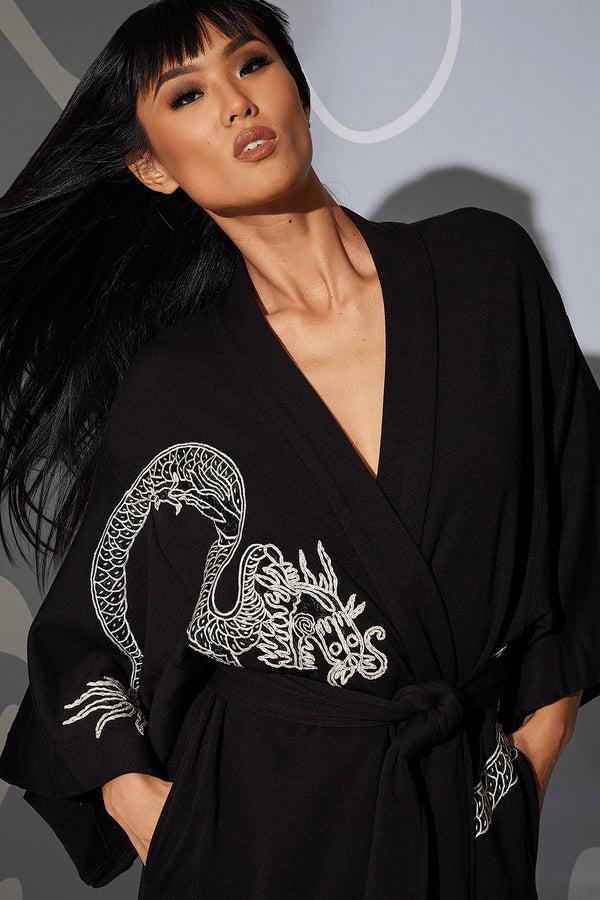 natori Cocoon Embroidered Robe Black