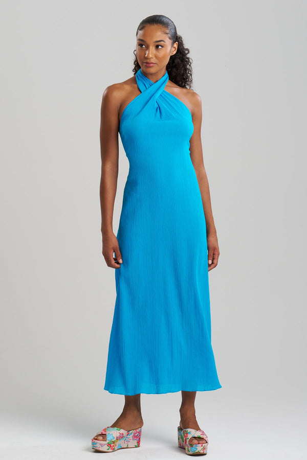 Natori Cotton Gauze Maxi Halter Dress Wave Blue
