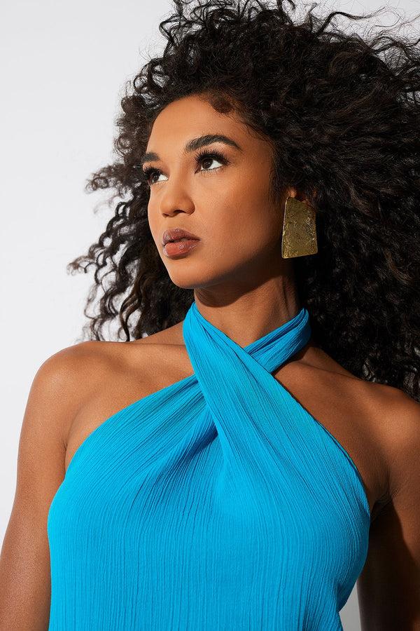 Natori Cotton Gauze Maxi Halter Dress Wave Blue