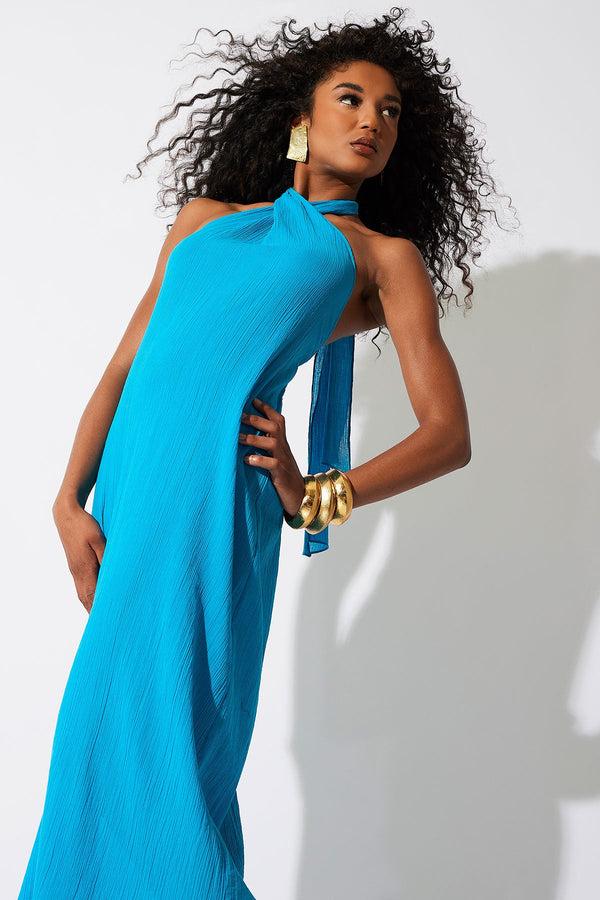 natori Cotton Gauze Maxi Halter Dress Wave Blue