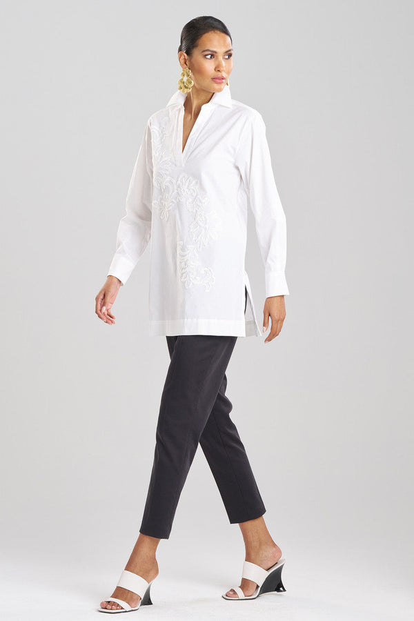 Natori Cotton Poplin Embroidered Tunic Shirt White