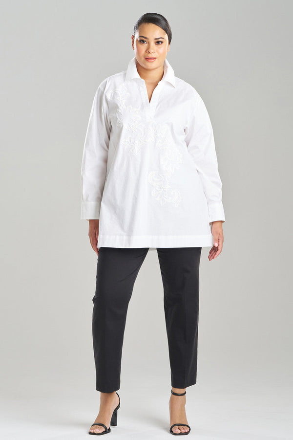 Natori Cotton Poplin Embroidered Tunic Shirt White