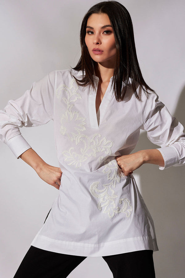 natori Cotton Poplin Embroidered Tunic Shirt White