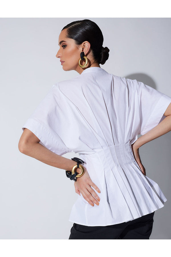 Natori Cotton Poplin Pleated Mandarin Top White