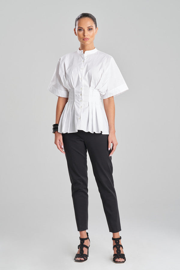 natori Cotton Poplin Pleated Mandarin Top White