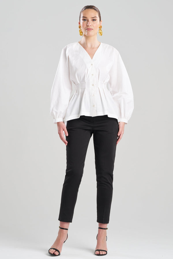 Natori Cotton Poplin V-Neck Pleated Shirt White