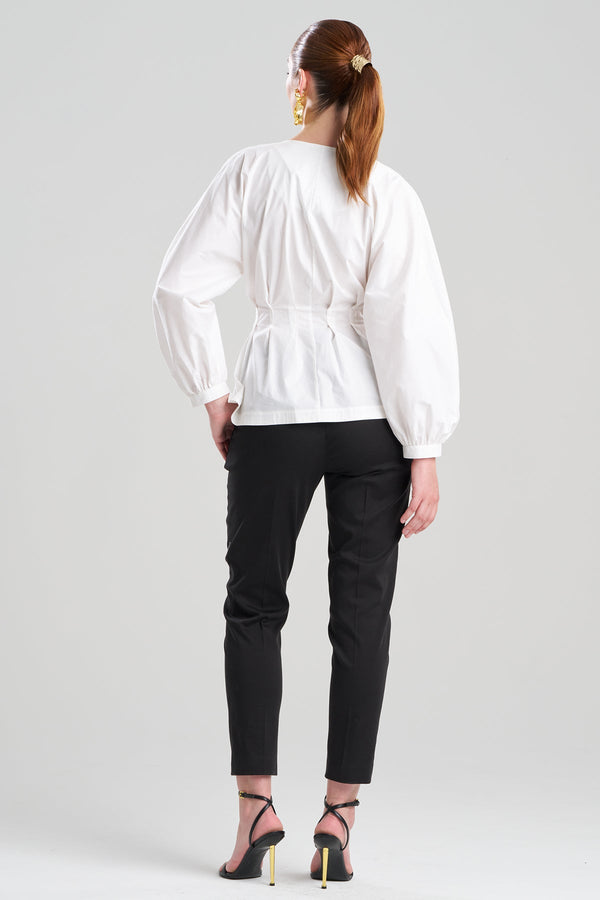 Natori Cotton Poplin V-Neck Pleated Shirt White