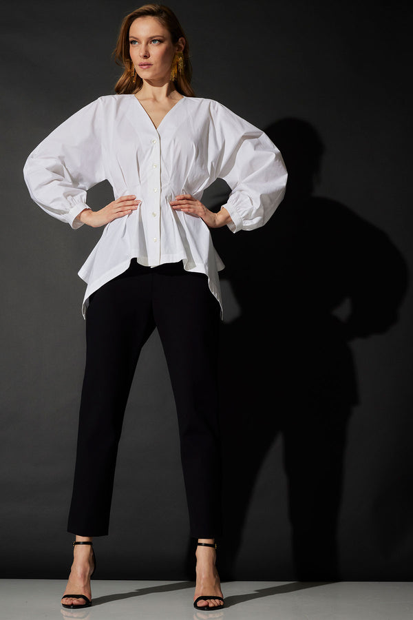 natori Cotton Poplin V-Neck Pleated Shirt White