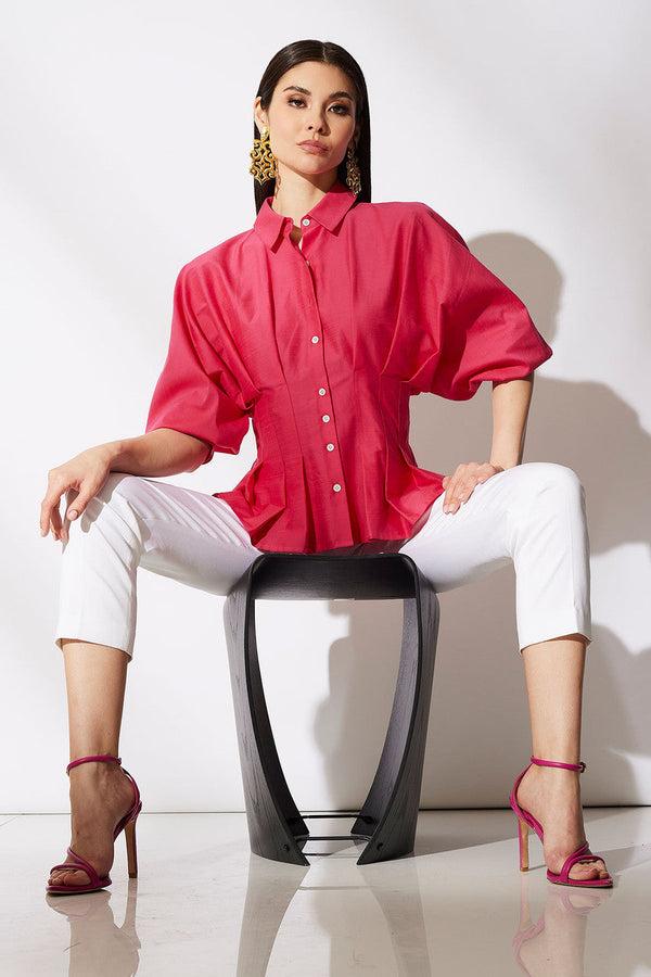 natori Cotton Silk Slub Pleated Shirt Azalea