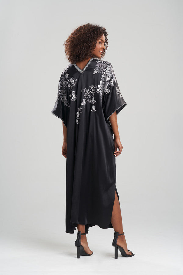 Natori Couture Black Silk Embroidered Caftan Black