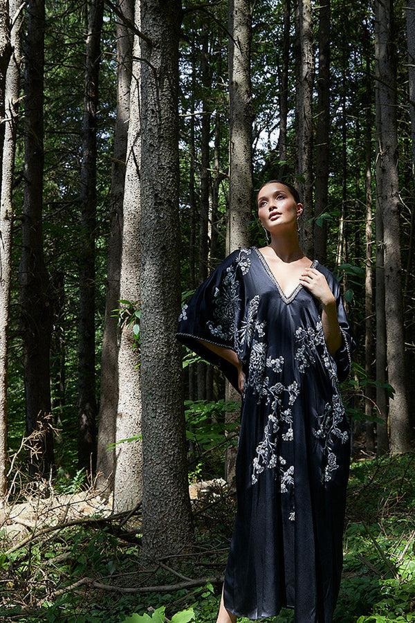 Natori Couture Black Silk Embroidered Caftan Black