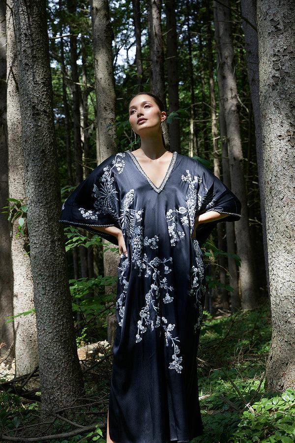 Natori Couture Black Silk Embroidered Caftan Black