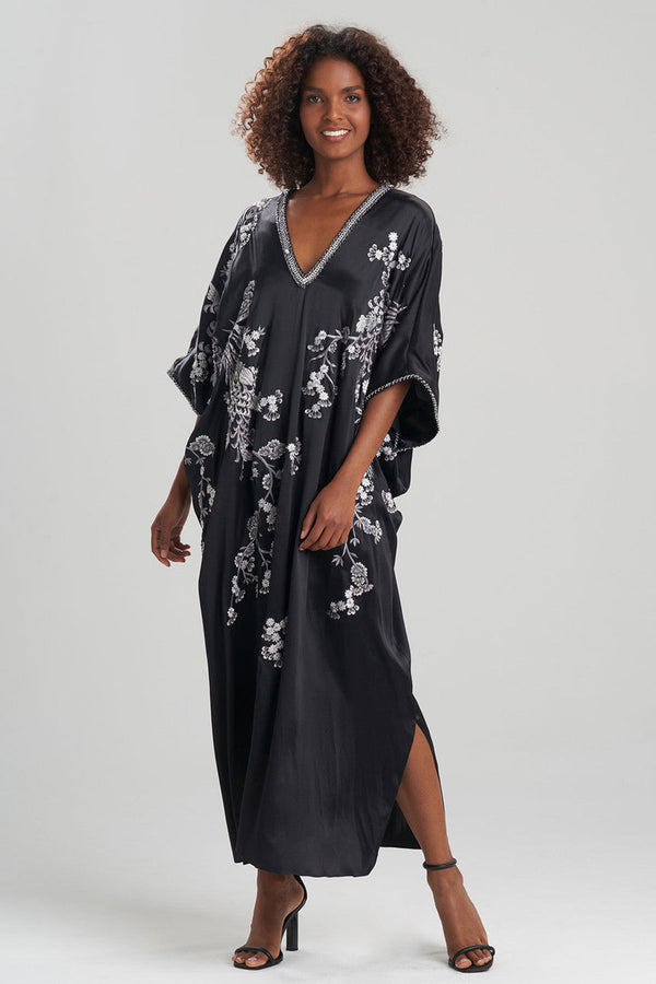 natori Couture Black Silk Embroidered Caftan Black