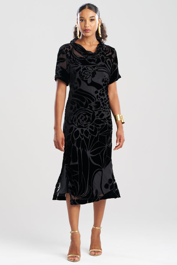 Natori Couture Burnout Velvet Beaded Dress Black