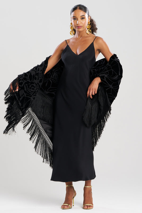 Natori Couture Burnout Velvet Fringe Shawl Black