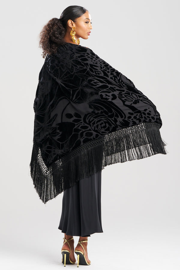 Natori Couture Burnout Velvet Fringe Shawl Black