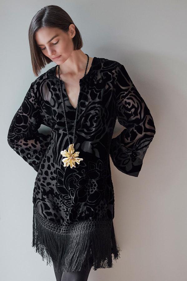 natori Couture Burnout Velvet Tunic Black