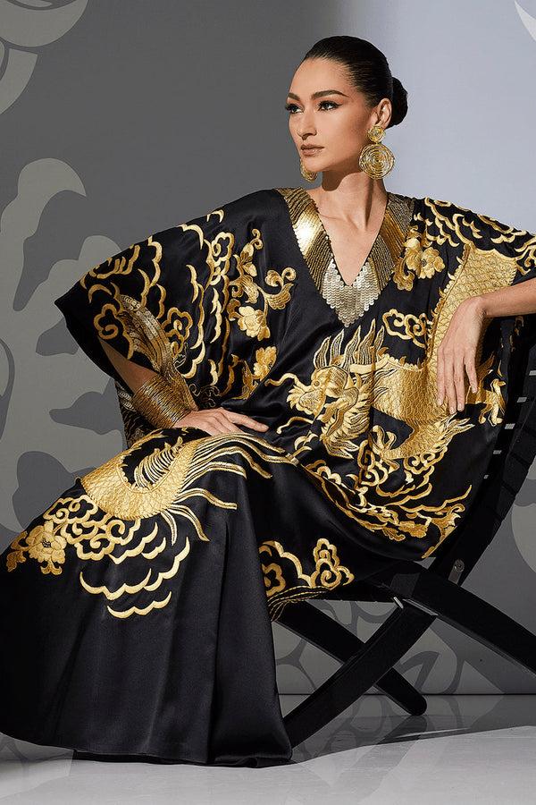 Natori Couture Embroidered Dragon Caftan Black