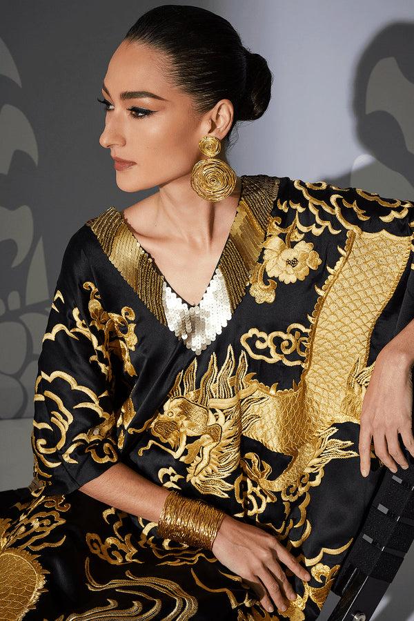Natori Couture Embroidered Dragon Caftan Black