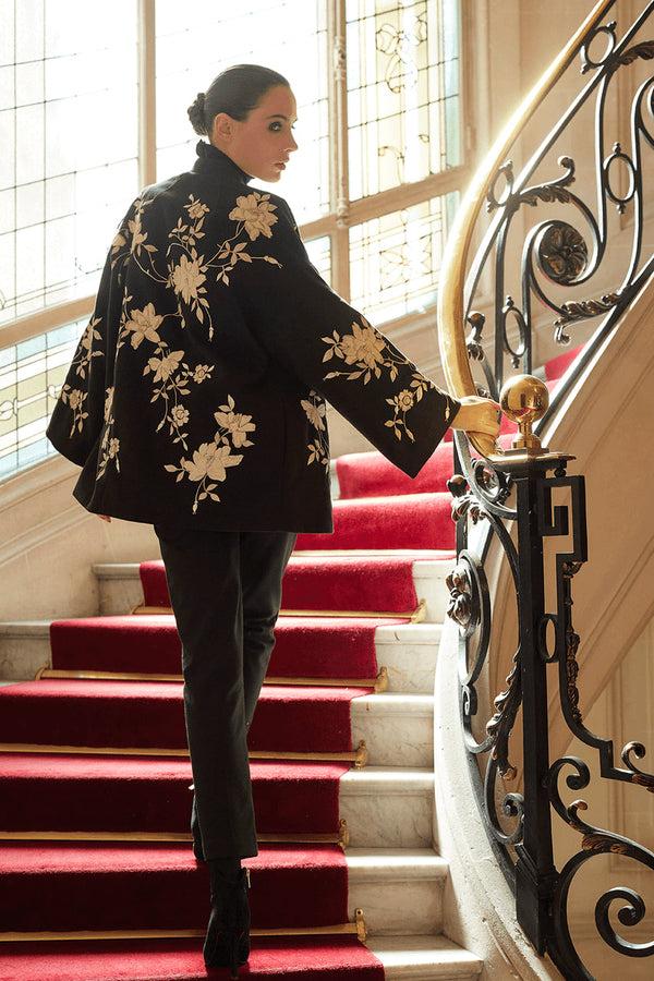 Natori Couture Felt Embroidered Coat Black