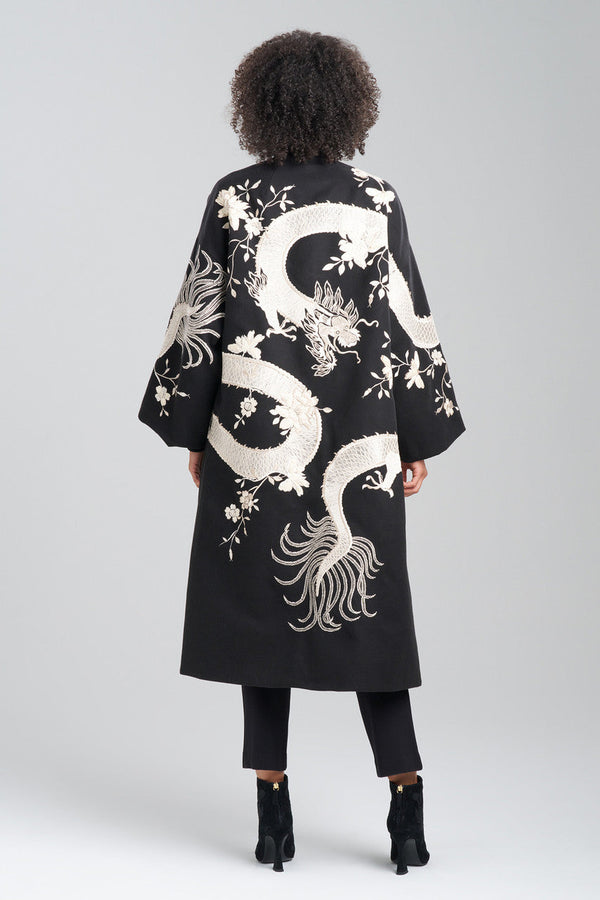 Natori Couture Felt Embroidered Dragon Coat Black