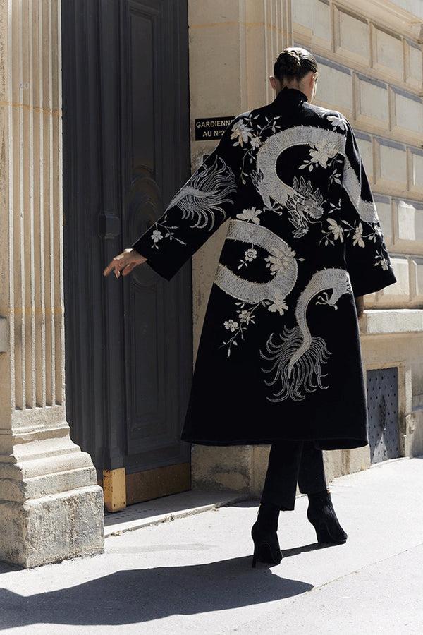 Natori Couture Felt Embroidered Dragon Coat Black