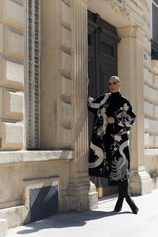 Natori Couture Felt Embroidered Dragon Coat Black