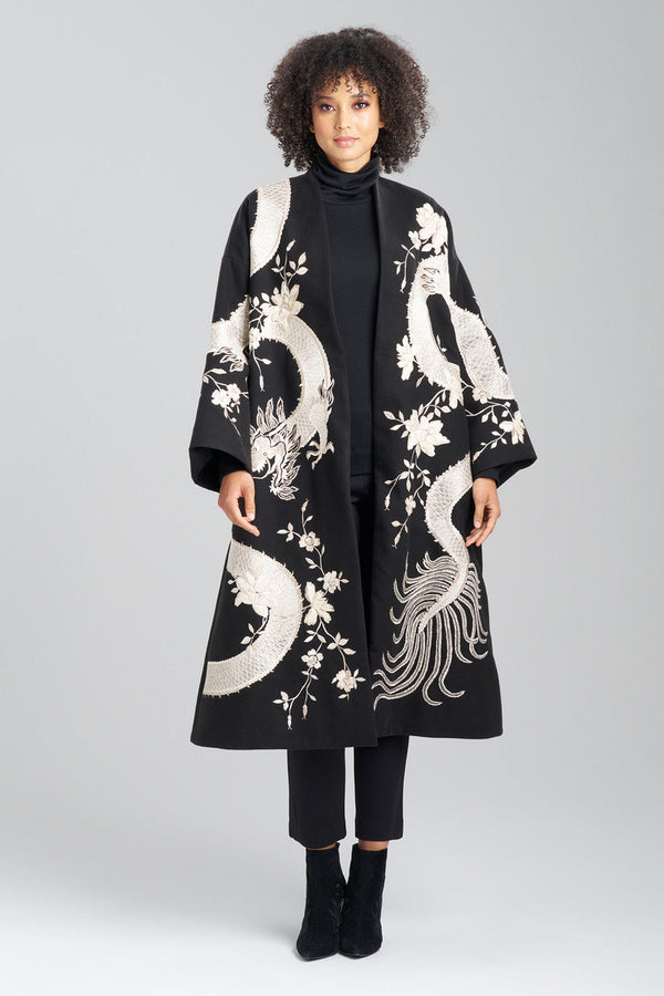 natori Couture Felt Embroidered Dragon Coat Black