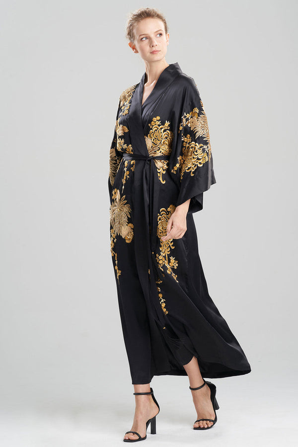 Natori Couture Floral Embroidery Silk Robe Black