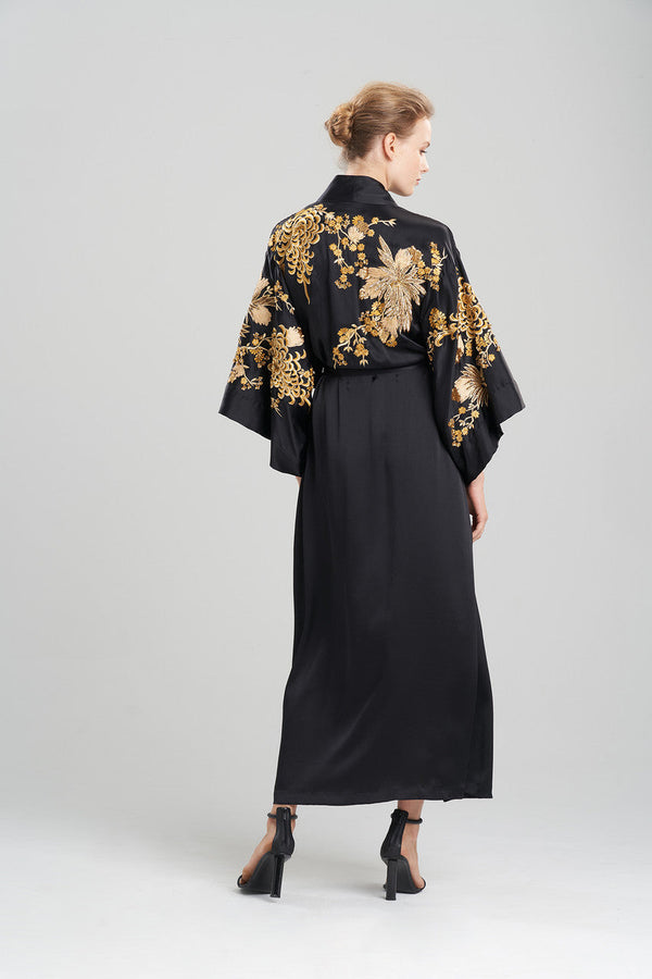 Natori Couture Floral Embroidery Silk Robe Black