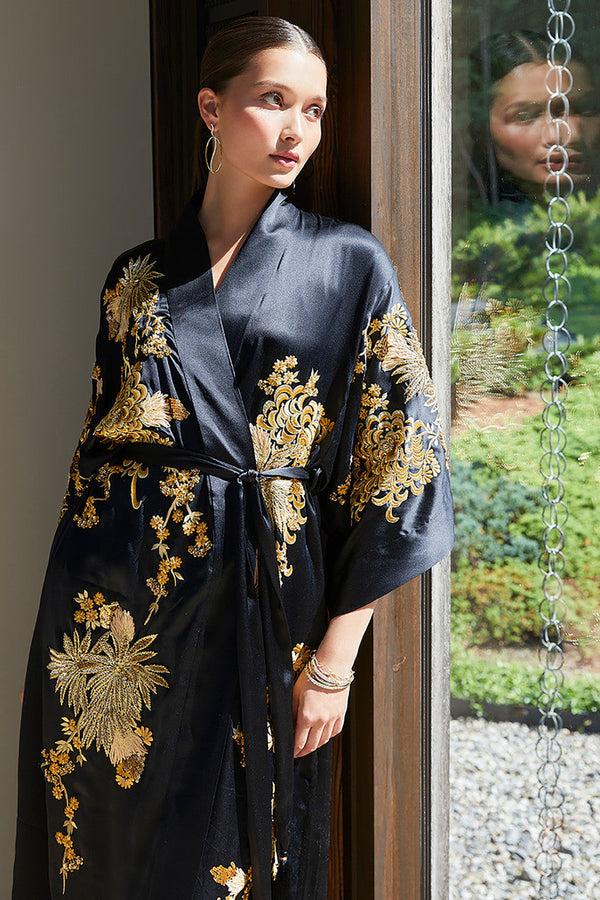 Natori Couture Floral Embroidery Silk Robe Black