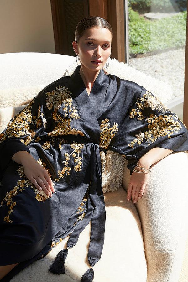 natori Couture Floral Embroidery Silk Robe Black